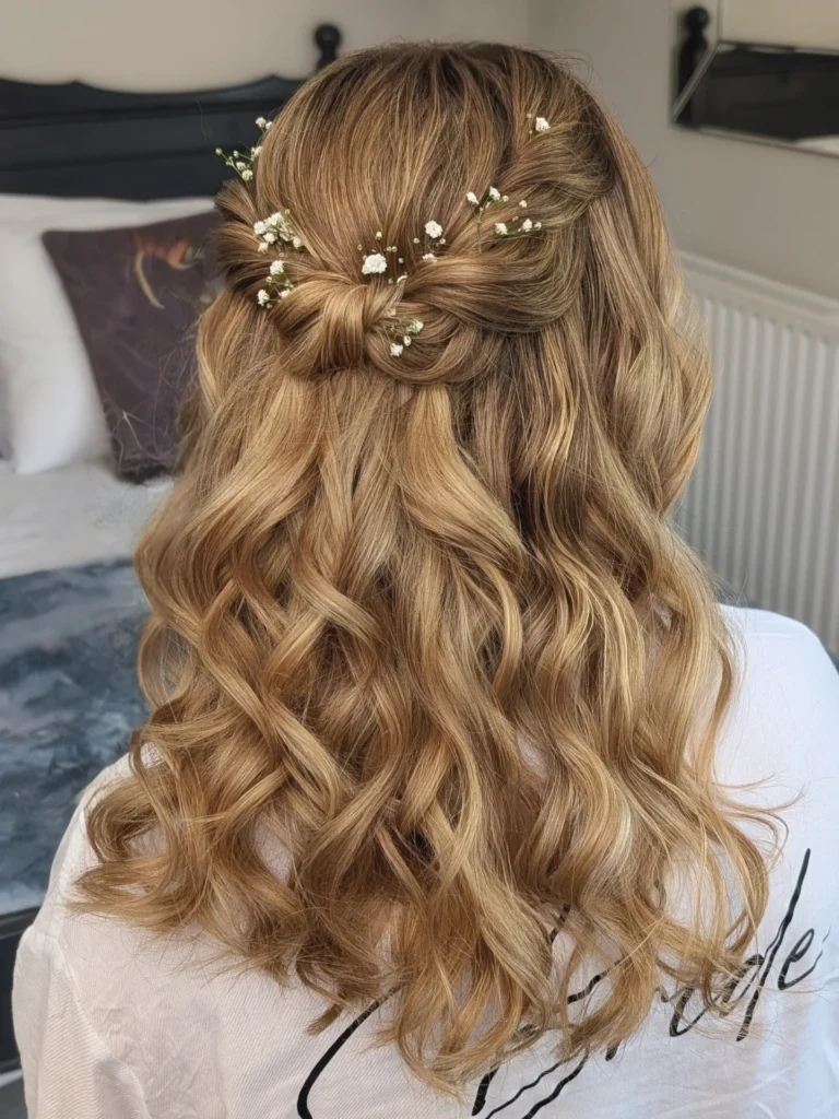 Long honey blonde hair styled in a half up twisted hairstyle with loose waves and delicate white floral accents.