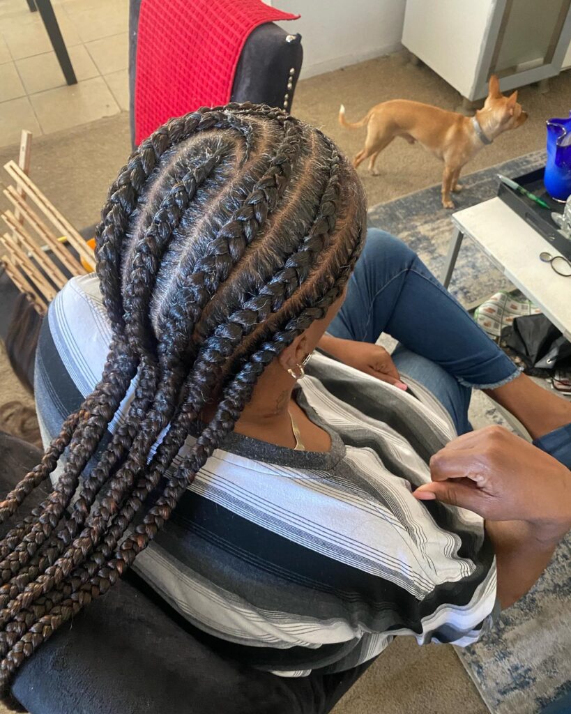 Layered French braids with multiple neat braided rows and full volume.
