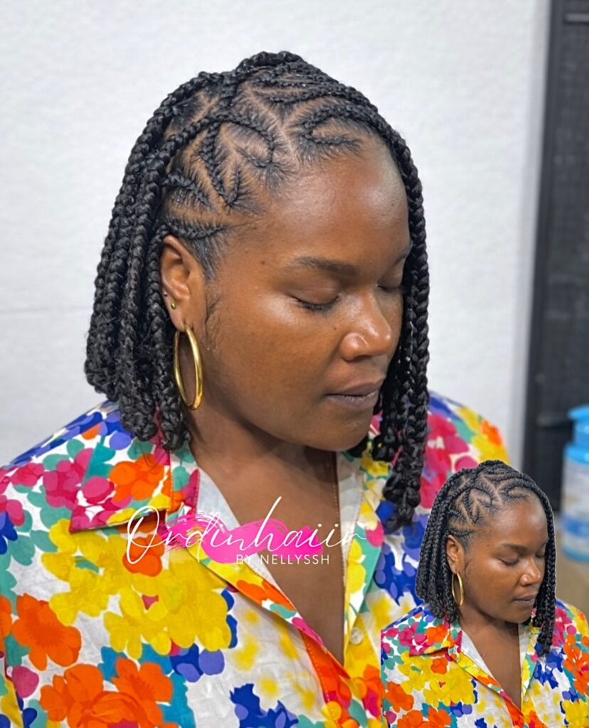 Short braided bob with a side cornrow design and neat box braids.