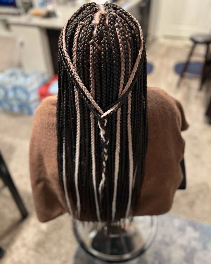 Black knotless braids with blonde accent braids woven throughout the hairstyle.
