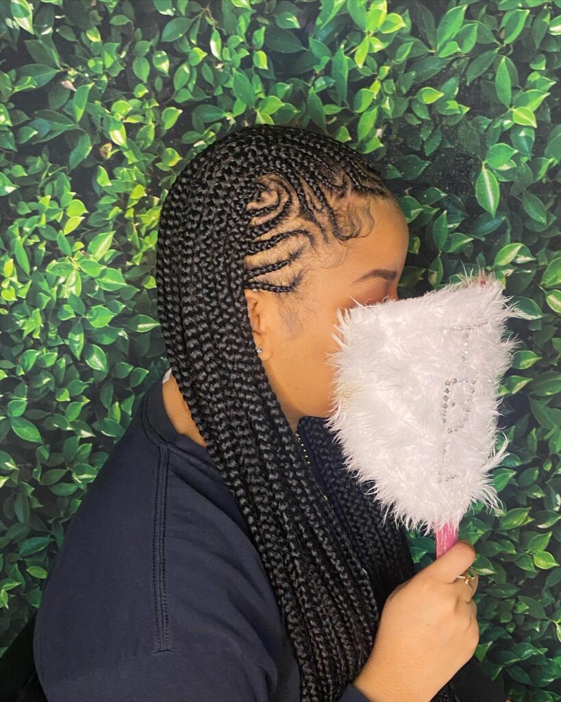 Long black box braids with neatly styled edges and clean sections worn over the shoulders.