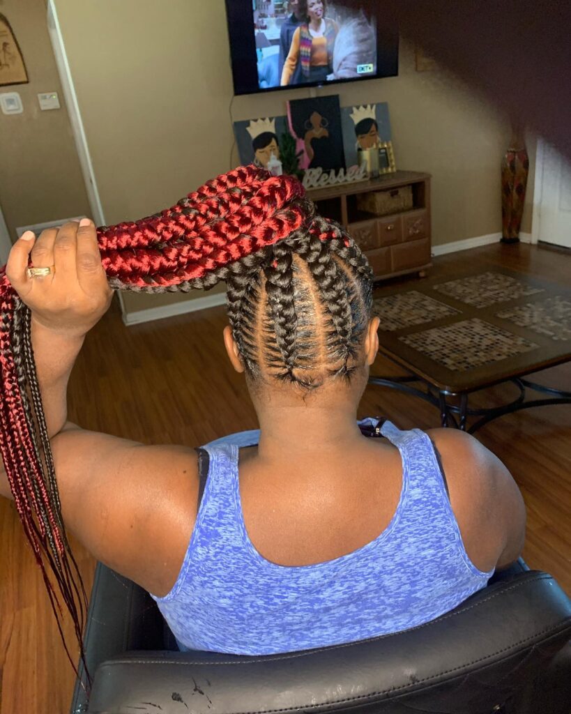 A high braided ponytail with mixed black and red braids.