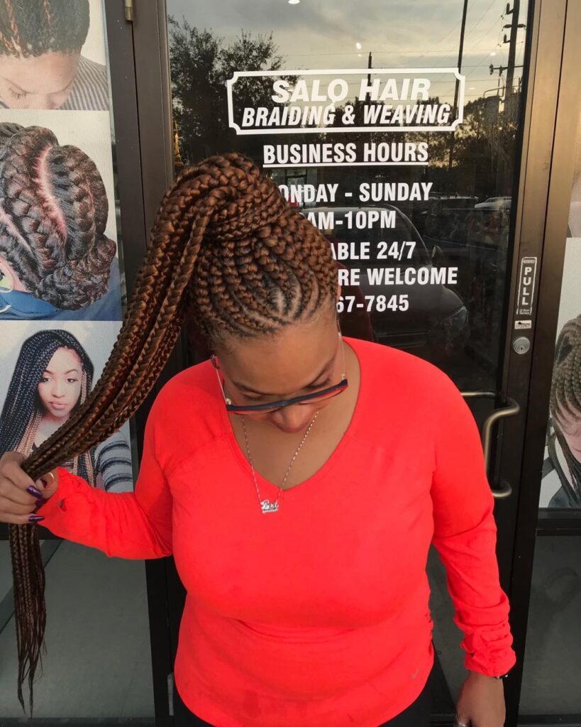 A high ponytail with long brown box braids and neat braided sections.