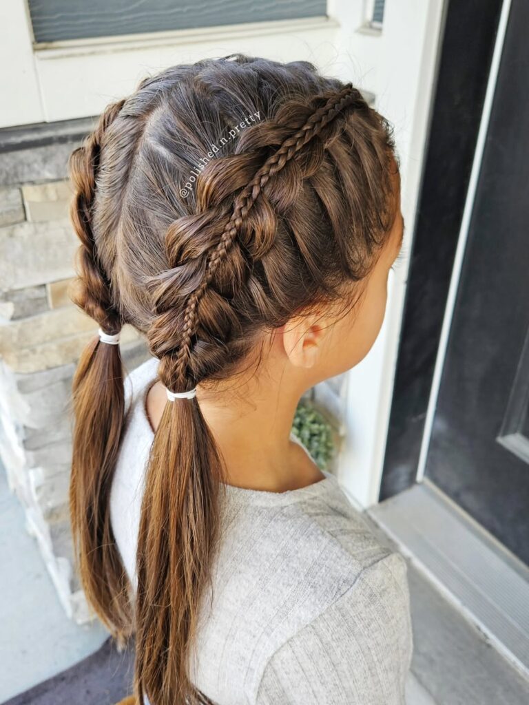 Brown braided pigtails with chunky braids and thin accent braids along the sides.