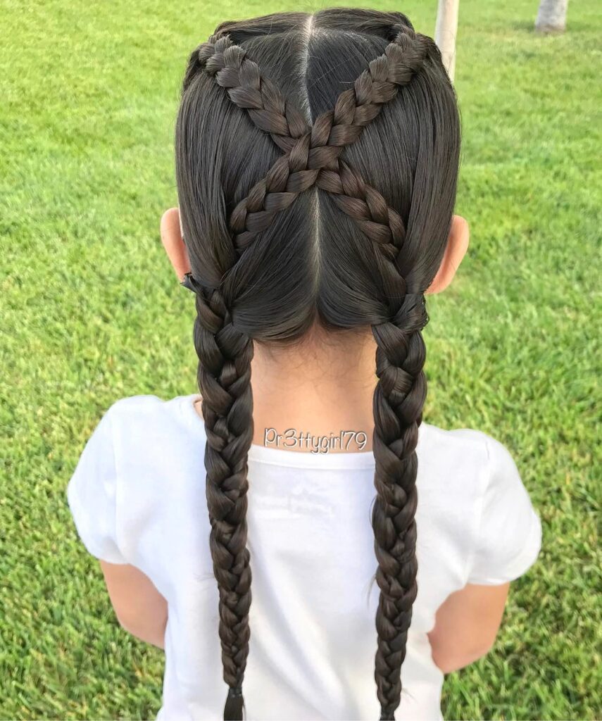 Dark braided pigtails with crossed braids on the back and long sleek plaits.