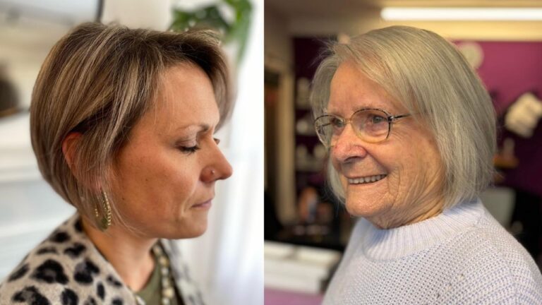19+ Elegant Hairstyles for Women Over 70 with Straight Hair A side-by-side photo showcasing two elegant bob hairstyles on women — a shorter, angled bob with warm brunette tones on the left, and a classic chin-length silver bob on the right.