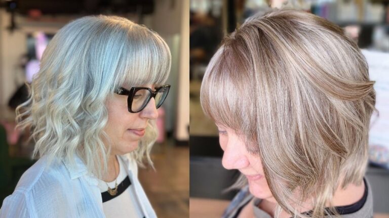 19+ Flattering Hairstyles for Women Over 70 With Square Face A side-by-side salon photo showing two women with medium-length bob hairstyles — one with silver-white wavy hair and wispy bangs, the other with layered ash-blonde hair and soft side-swept bangs.