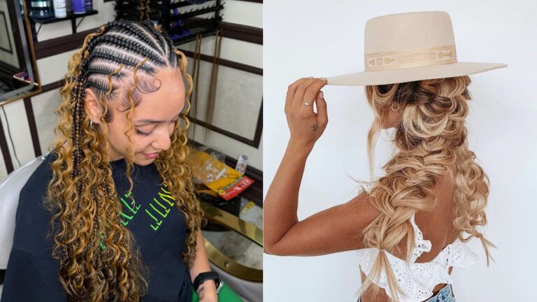 Side by side view of medium length braids with curly blonde ends and a loose boho braid styled with soft waves and a wide brim hat.