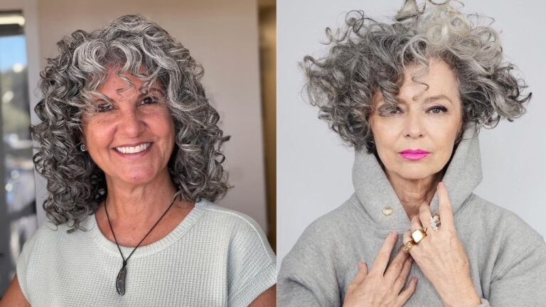 Voluminous salt and pepper curly hairstyle with defined ringlets and soft layered shape framing the face.