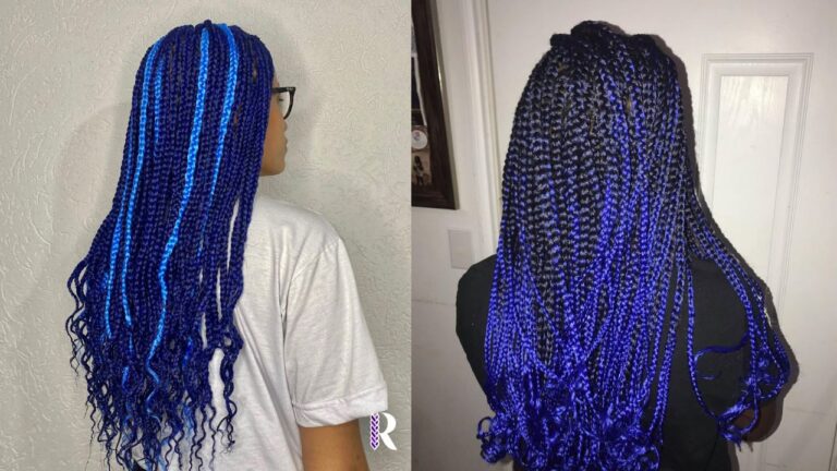 Long blue box braids with mixed bright blue highlights and softly curled ends for added texture and movement.