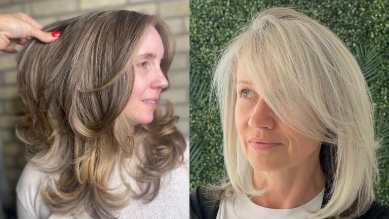 A side-by-side comparison showing two flattering hairstyles for mature women: a medium-length brunette style with voluminous curled ends on the left, and a platinum silver layered cut with side-swept bangs on the right.