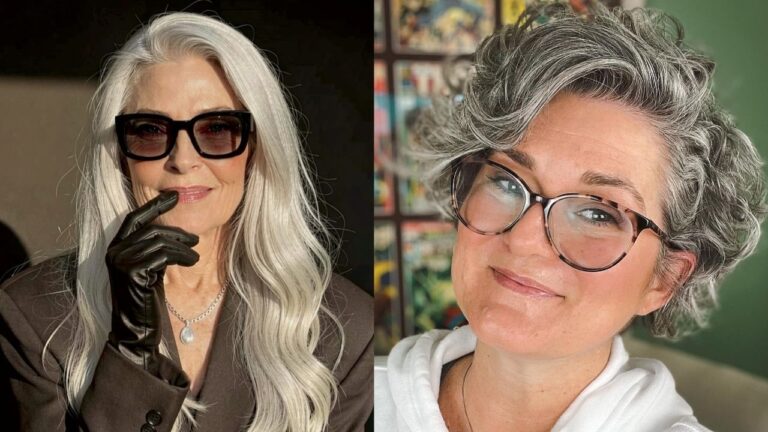 Long silver wavy hair flowing past the shoulders on the left, and a short curly salt-and-pepper pixie style on the right, both showcasing graceful gray hair looks.