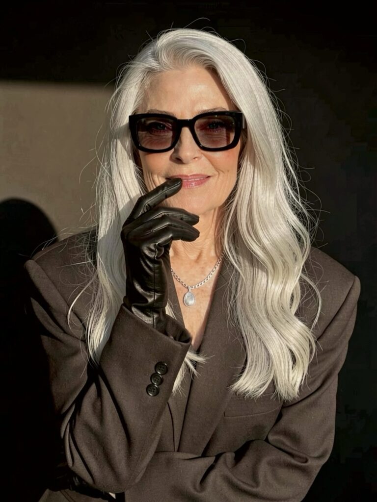 A woman with long and flowing silver white hair styled in elegant waves with a side part.