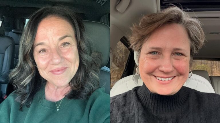 Two women demonstrate stylish summer hairstyles for women over 50, showcasing a medium-length dark brunette cut with soft, face-framing waves on the left and a breezy, textured ash-brown pixie cut on the right.
