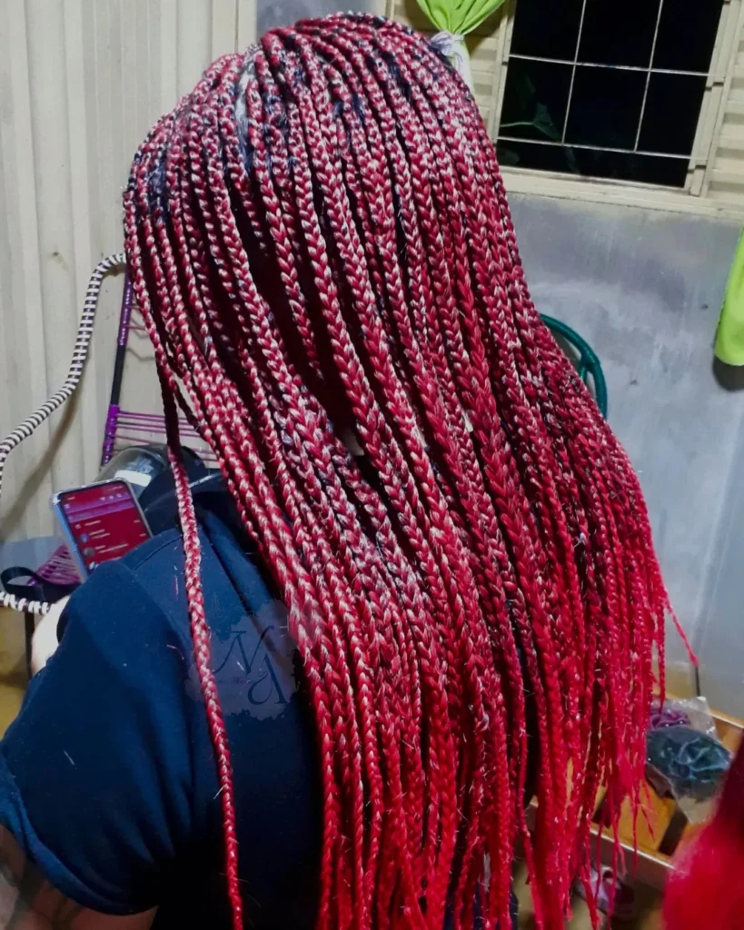 Long box braids mixing red and black tones for a dimensional look.