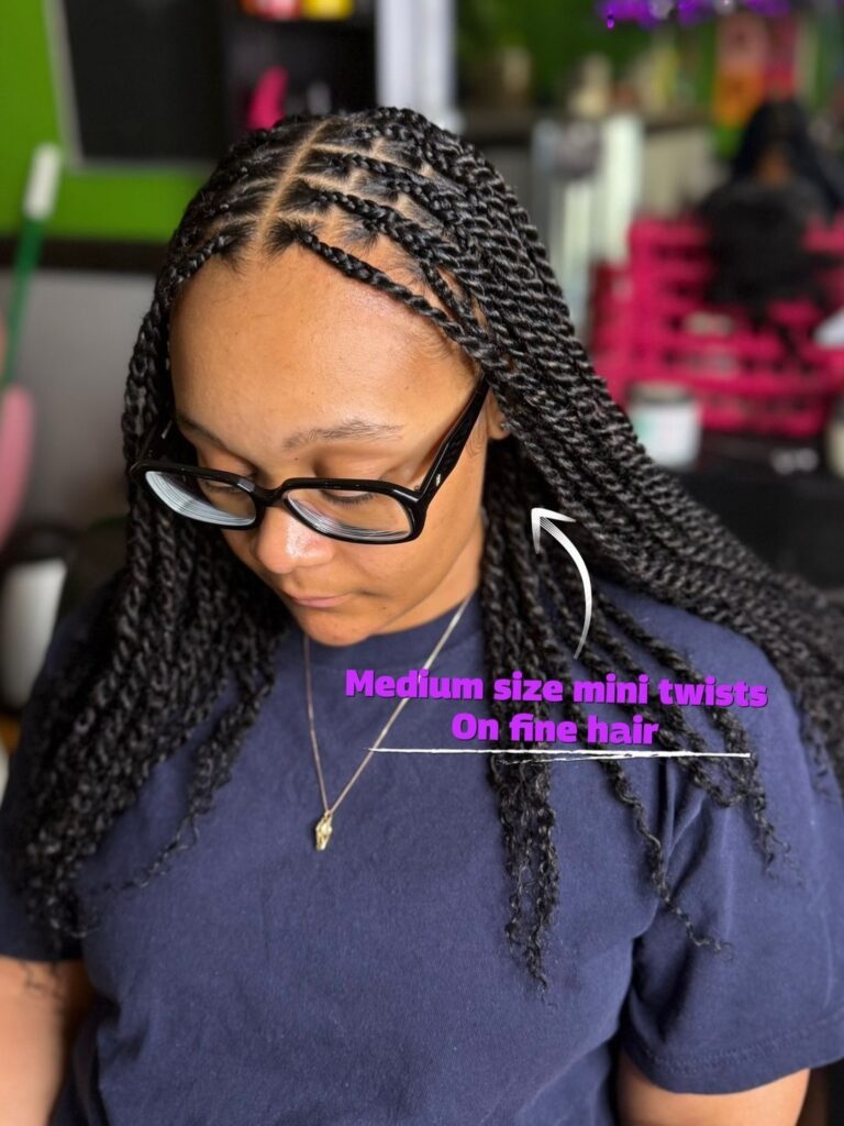 Medium mini twists with neat parts and a natural dark finish.