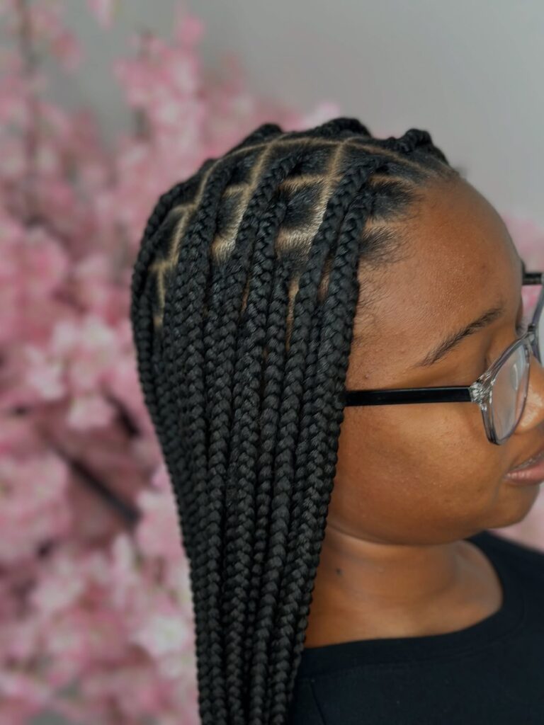 Medium length black box braids with clean parts and a sleek finish.
