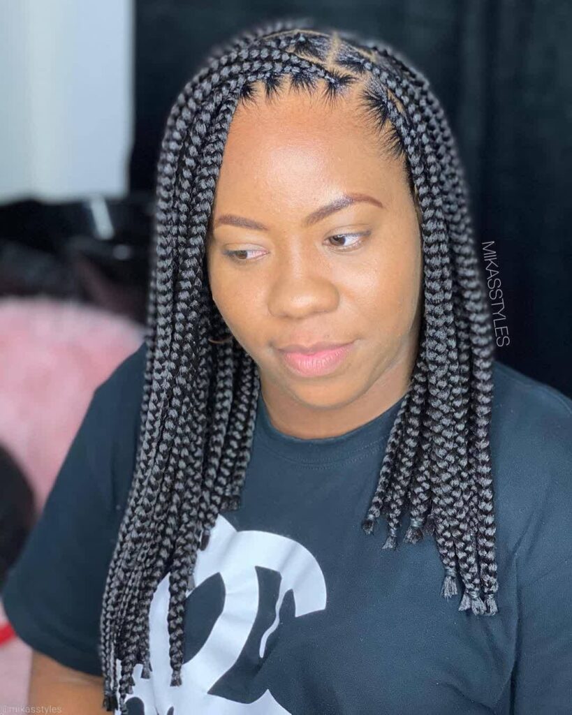 Medium length box braids with full volume and clean parts.