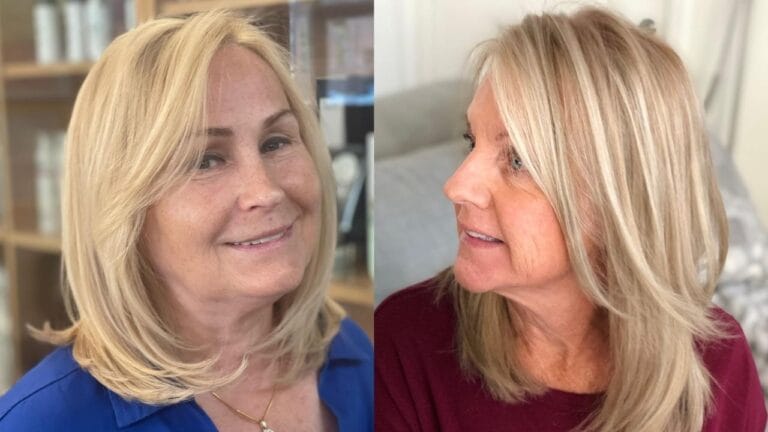 18+ Cute Hairstyles for Women Over 70 That Feel Fresh and Youthful Blonde highlighted medium-length layered hair with soft, face-framing pieces and a side-swept style, shown from two angles.