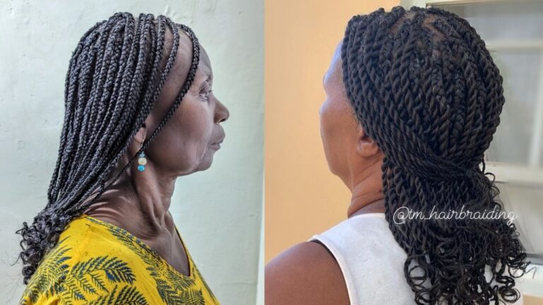 19+ Elegant Braid Hairstyles for Black Women Over 70 to Embrace Gracefully Long box braids flowing past the shoulders on the left, and chunky Senegalese twists gathered loosely at the nape on the right, both styled on mature Black women.
