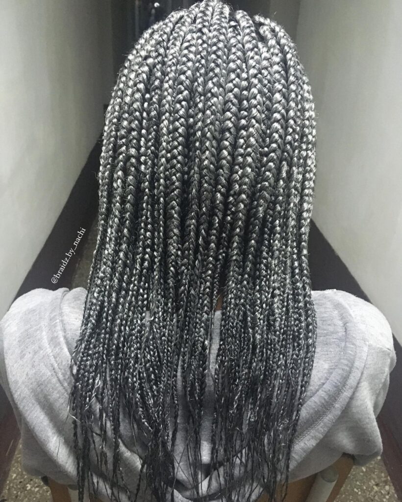A back view of a woman featuring medium length silver box braids with a metallic sheen.