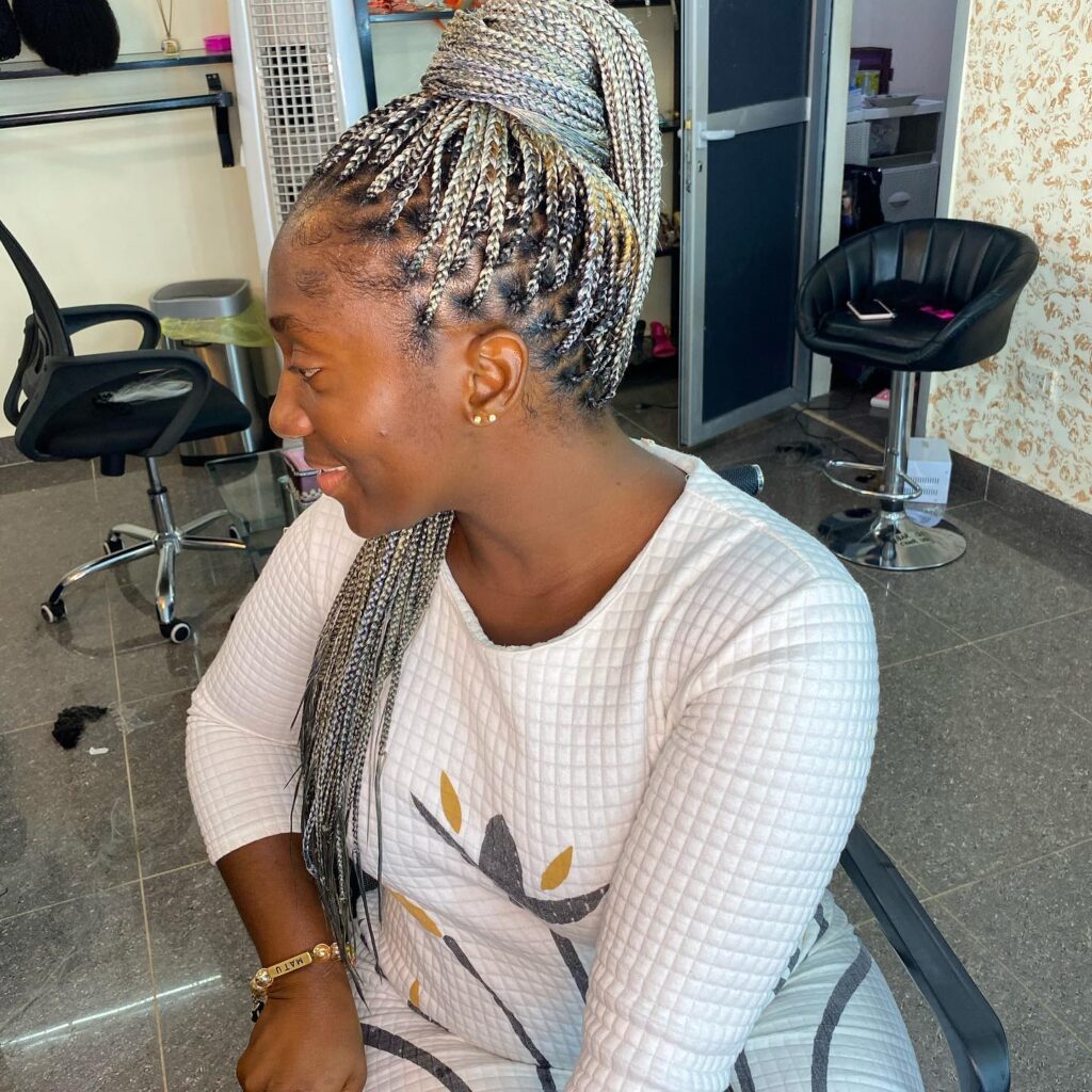 A woman smiling in profile showing a half up top knot hairstyle made of long silver and blonde braids.