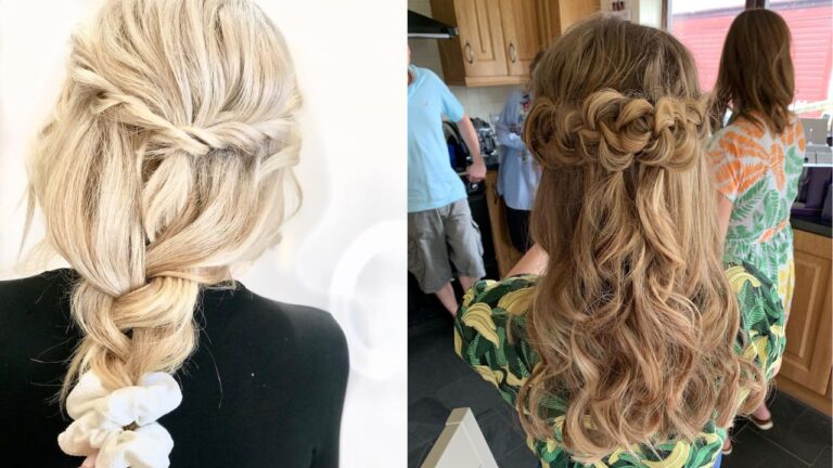 Loose messy braided hairstyle featuring soft blonde and light brown hair styled into a twisted low braid and a half up braided crown with wavy lengths.