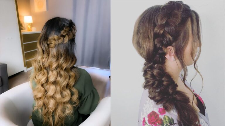 Half up hairstyle with a side braid and long loose wavy hair, paired with a voluminous side braid styled into a bubble effect.