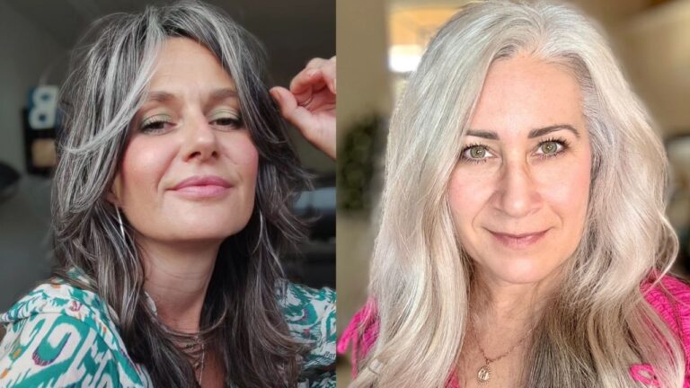 19+ Timeless Hairstyles for Women Over 70 With Gray Hair Two women showcase long gray hairstyles — one with dark hair streaked with silver gray layers and side-swept bangs, the other with fully silver-white hair worn in loose, flowing waves.