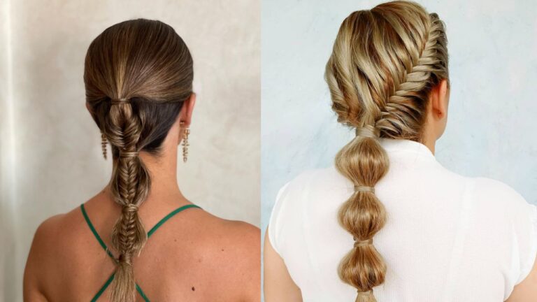 19+ Trendy Bubble Braid Hairstyles You’ll Want to Try Right Now Two sleek low bubble braid hairstyles, one with added braided sections and one with a side French braid flowing into rounded bubble segments.