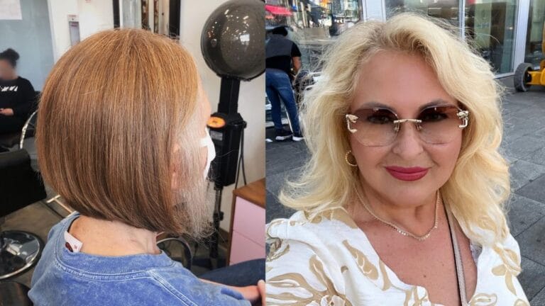 19+ Trendy Hairstyles for Women Over 70 to Stay Stylish at Any Age A woman with a sleek, chin-length golden-brown bob (shown from behind in a salon) alongside a mature woman with voluminous, wavy platinum blonde hair styled with soft curls, wearing rimless sunglasses and a white patterned top.