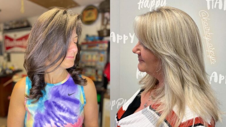 20+ Best Hairstyles for Women Over 70 That Are Always Flattering A split image showing two women with layered, medium-length hairstyles — one with dark brown hair featuring soft curls at the ends, and the other with platinum blonde hair styled in sleek, face-framing layers with side-swept bangs.