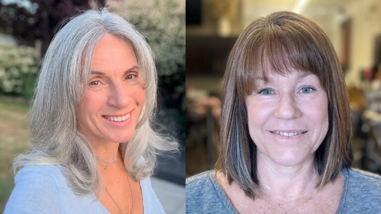 20+ Elegant Layered Haircuts for Women Over 70 That Look Effortlessly Chic Two elegant layered hairstyles for mature women: on the left, long flowing silver-gray hair with soft layers swept to one side, and on the right, a shoulder-length brunette bob with side-swept bangs and subtle highlights.