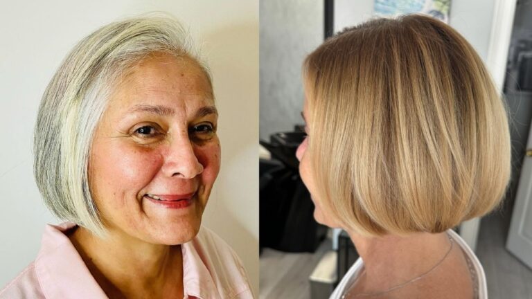 21+ Graceful and Flattering Looks for Women Over 70 with Timeless Charm A side-by-side comparison showing two mature women with elegant chin-length bob hairstyles — one with natural silver-white hair parted to the side, and the other with warm blonde highlighted hair featuring a sleek, blunt cut shown from a profile view.