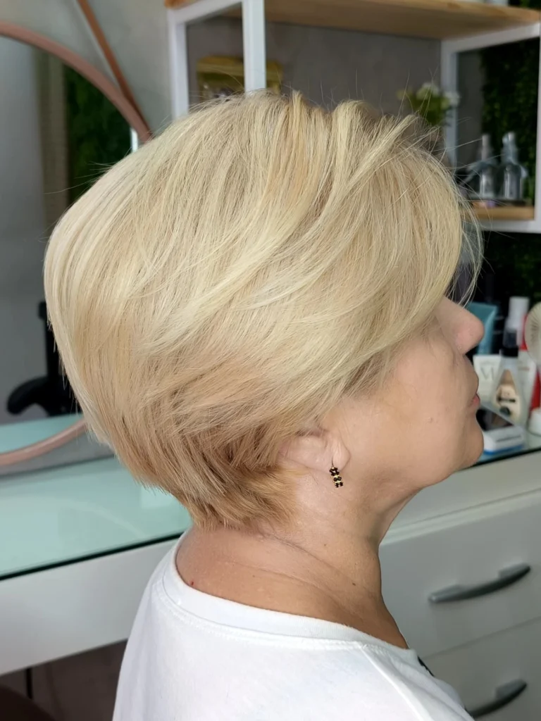 Blonde pixie bob with a tapered back and smooth layered top.