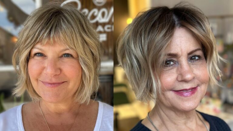 23+ Elegant Hairstyles for Women Over 70 That Exude Timeless Grace Two women wearing similar short, layered bob hairstyles with soft, wispy bangs and warm blonde highlights, styled with gentle waves for a light, voluminous look.