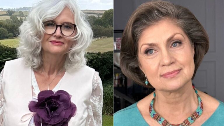 Shoulder-length white curly hair with soft volume and a classic short layered brunette hairstyle with smooth, rounded shape.