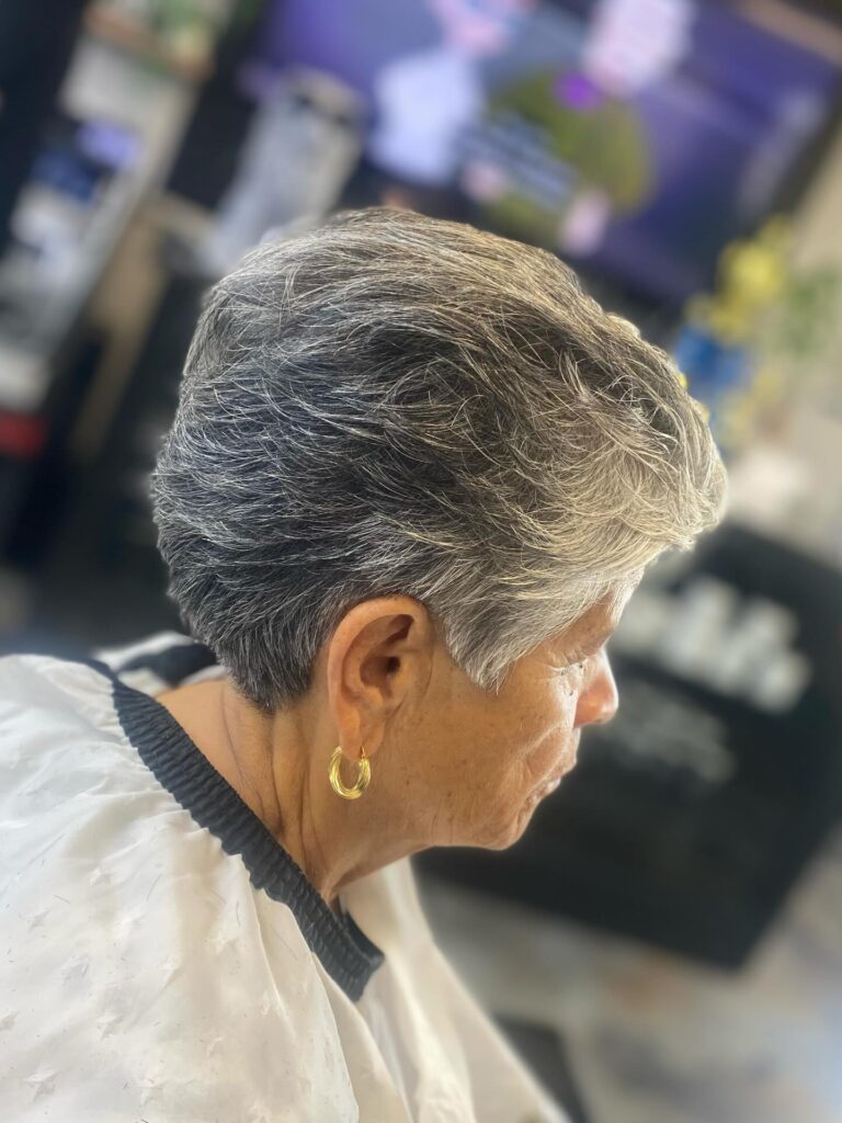 Short tapered silver hairstyle with smooth texture and a clean, polished shape.