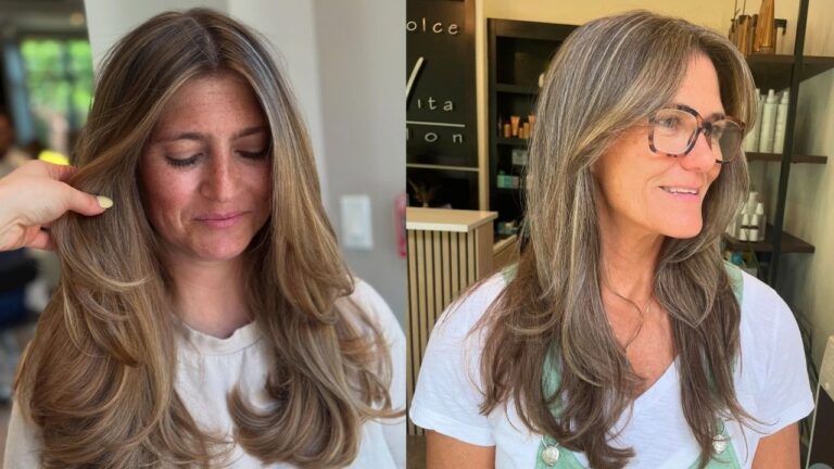 24+ Easy to Maintain Hairstyles for Women Over 70 That Still Look Fabulous Long, layered waves with soft highlights — warm brunette tones on the left and a graceful silver-brown blend on the right — both styled with effortless, flowing movement and face-framing layers.