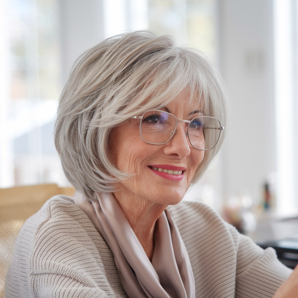 A woman with a voluminous silver feathered bob featuring side swept bangs and soft layers.
