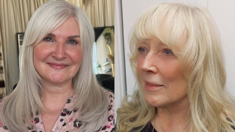24+ Elegant Natural Hairstyles for Women Over 70 with Timeless Style A side-by-side comparison of two mature women wearing long, light-colored hairstyles — one with straight silver hair and a side-swept fringe, and the other with wavy platinum blonde hair and wispy bangs.