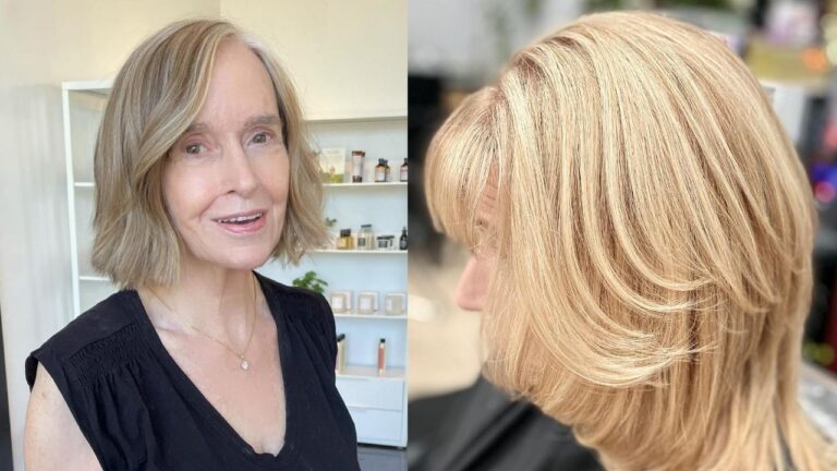 A side-by-side photo showcasing two hairstyles for older women: a chin-length sandy blonde bob on the left, and a golden blonde layered lob (long bob) with soft, feathered layers shown from the back on the right.