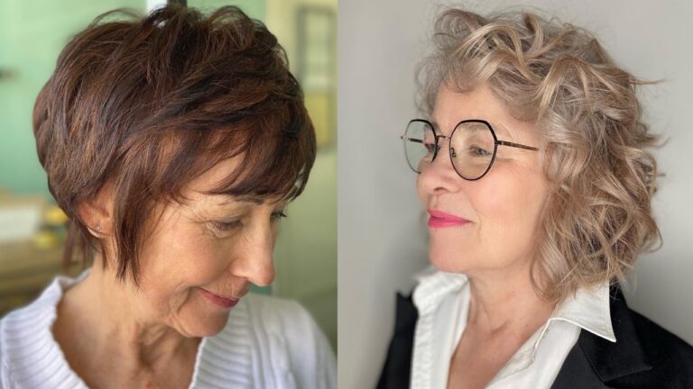 25+ Classic Hairstyles for Women Over 70 That Never Go Out of Style A side-by-side comparison showing two classic short hairstyles for mature women: a layered pixie cut with warm brown tones and wispy bangs on the left, and a voluminous curly bob in silver-blonde on the right.