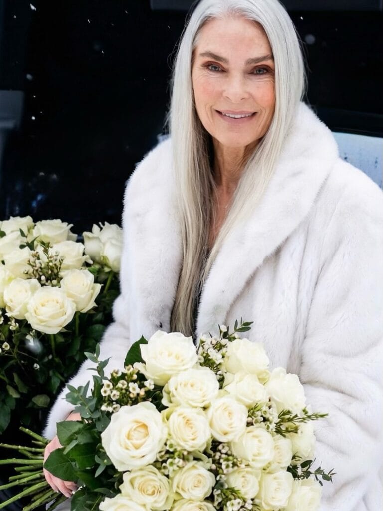 A woman with long silver hair styled in soft layers with a smooth straight texture.