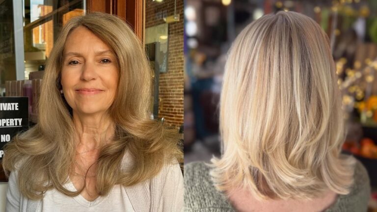 25+ Gorgeous Hairstyles for Women Over 70 With Thick Wavy Hair A side-by-side comparison showing two hairstyles for mature women: long, voluminous golden-brown waves on the left, and a medium-length layered blonde lob viewed from the back on the right.