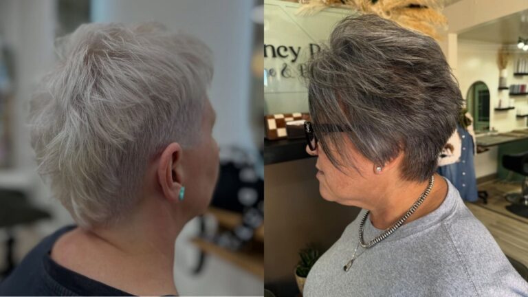 Short gray pixie hairstyles shown from the back and side with soft layered texture and natural volume.