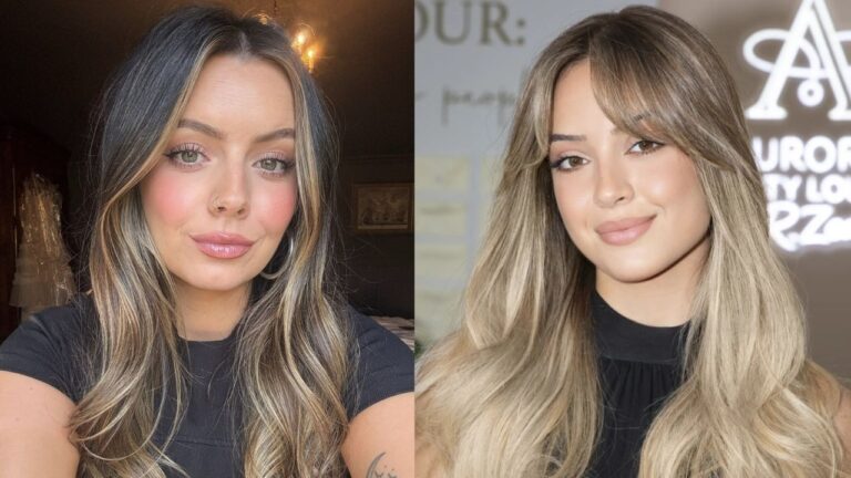 25+ Trendy Summer Hair Colors That Will Brighten Up Your Look A side-by-side view of two women showcasing long, gently waved hair styled with curtain bangs and soft, face-framing blonde money piece highlights.