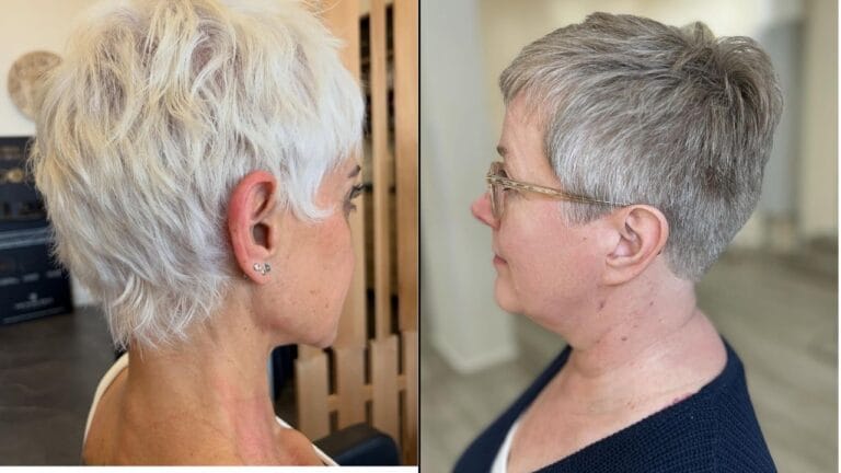 Short pixie hairstyles for older women featuring a textured white pixie with choppy layers and a sleek tapered gray pixie with a clean shape.