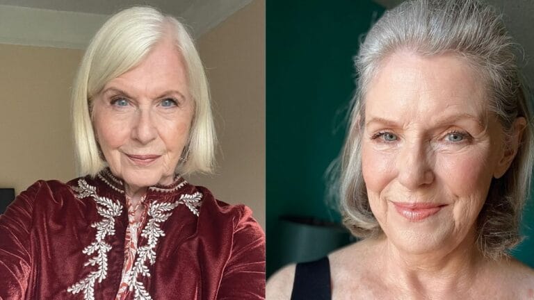 Two women with flattering short gray hairstyles, one with a sleek chin length bob and the other with a softly layered shoulder length style with volume at the crown.