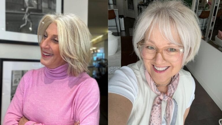 Two women with short layered silver and blonde hairstyles featuring soft side swept bangs and a voluminous shape.